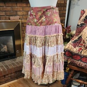 Luna Luz Tiered Skirt Cottage Core Floral Ginghsm Lace Patchwork  Mauve Tan